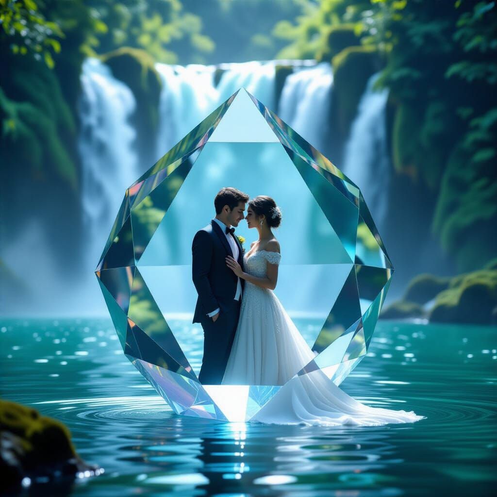 Couple in Prism with Waterfall, Photorealistic Style