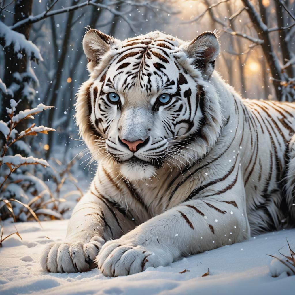 Baby White Tiger Rolling in Snow: Digital Art