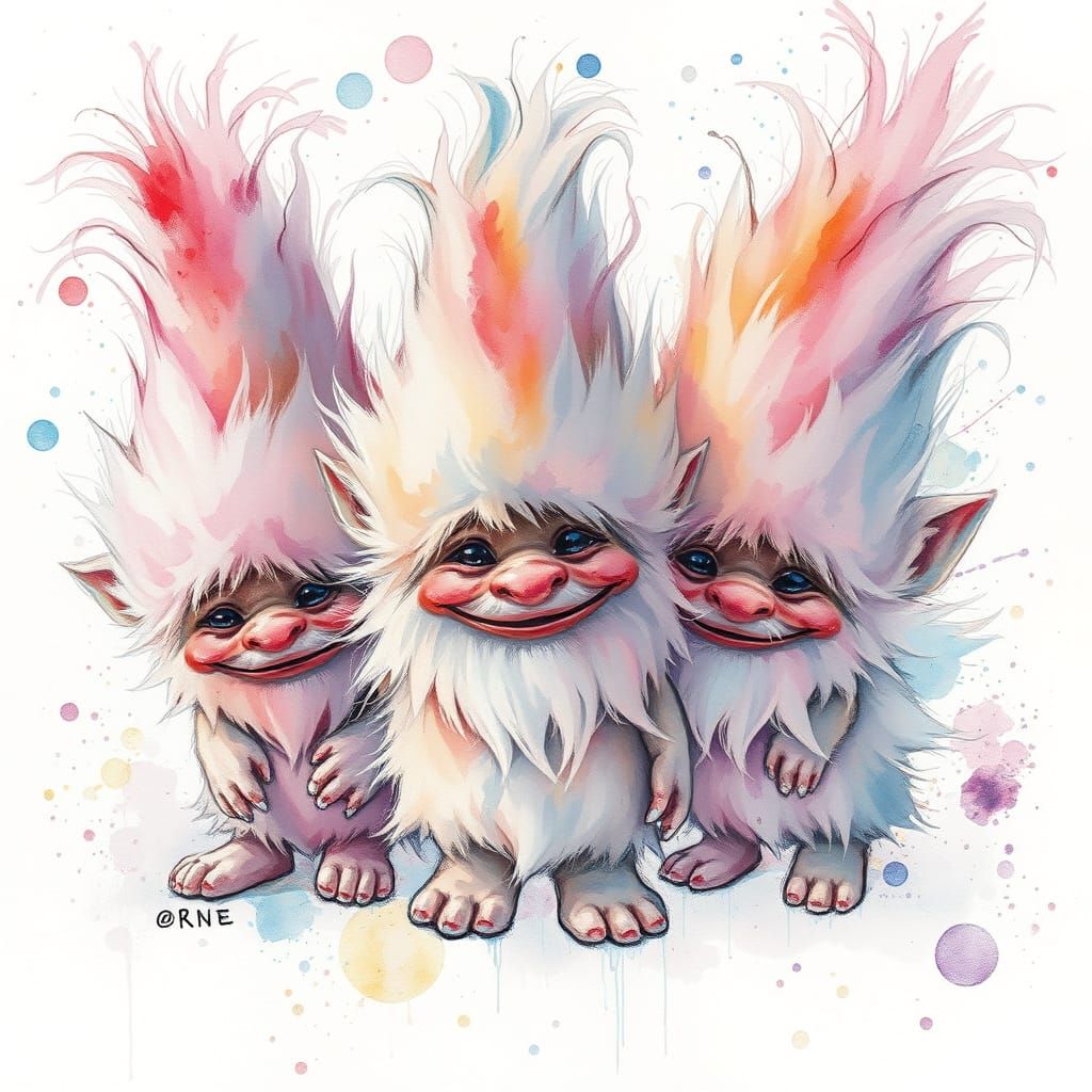 Whimsical Fluffy Trolls in Pastel Watercolour Style