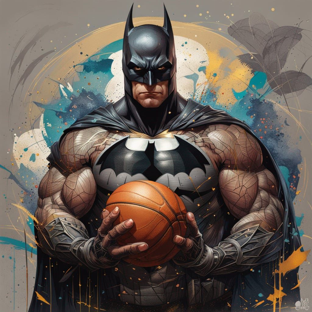 Muscular Batman Portrait with Basketball Background