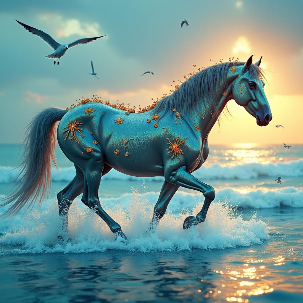 Metallic Horse Walks on Water: Digital Painting