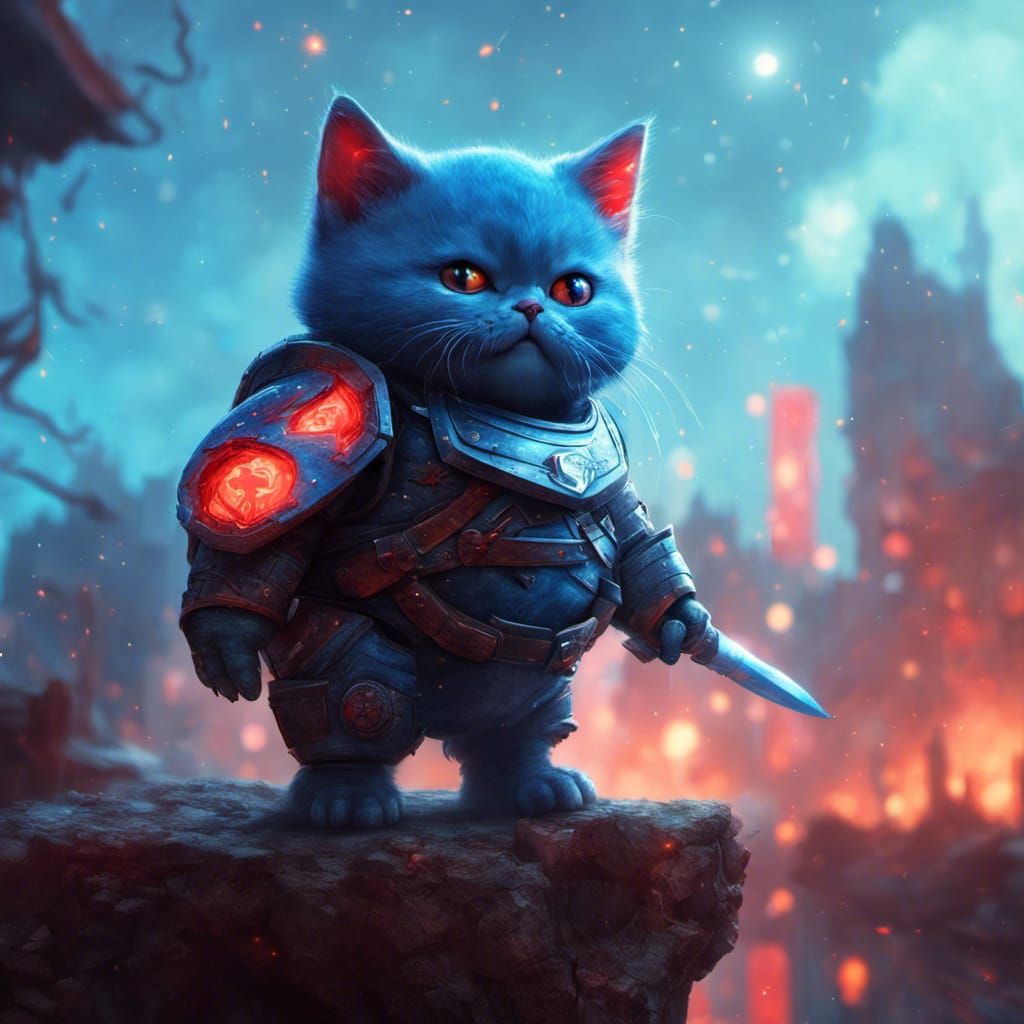 Blue Armored Kitten with Glowing Eyes