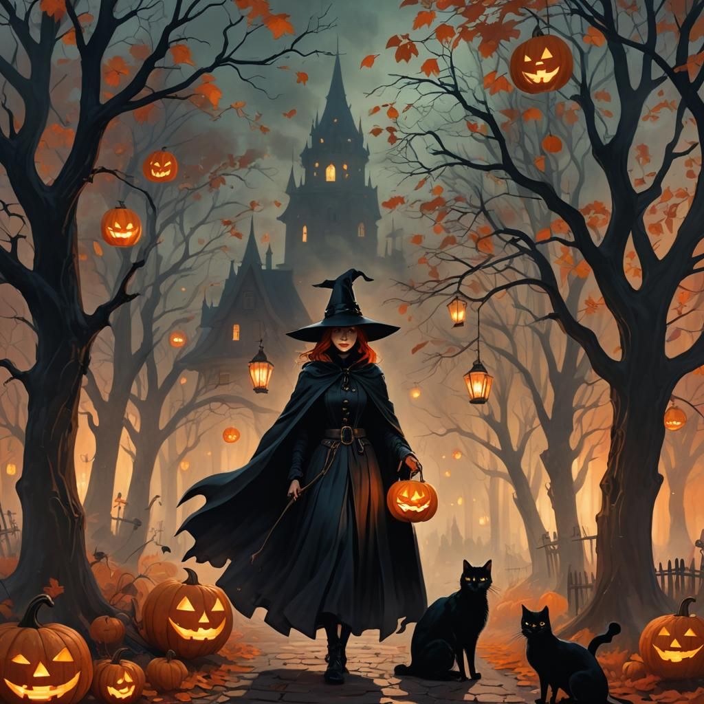 Mystical Witch Surrounded by Jack-o-Lanterns and Cat