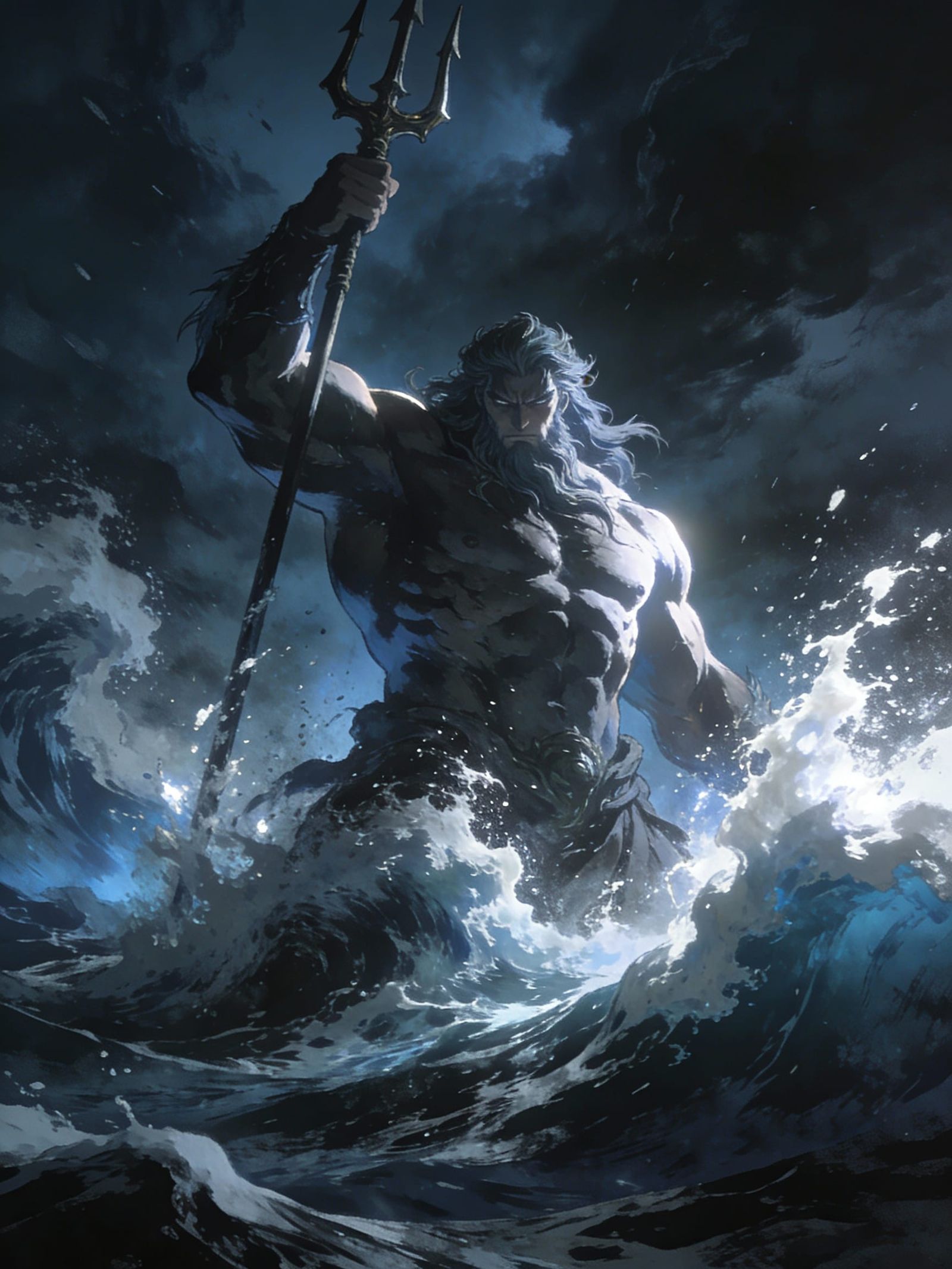 Poseidon Rises from Stormy Seas in Dark Fantasy Style