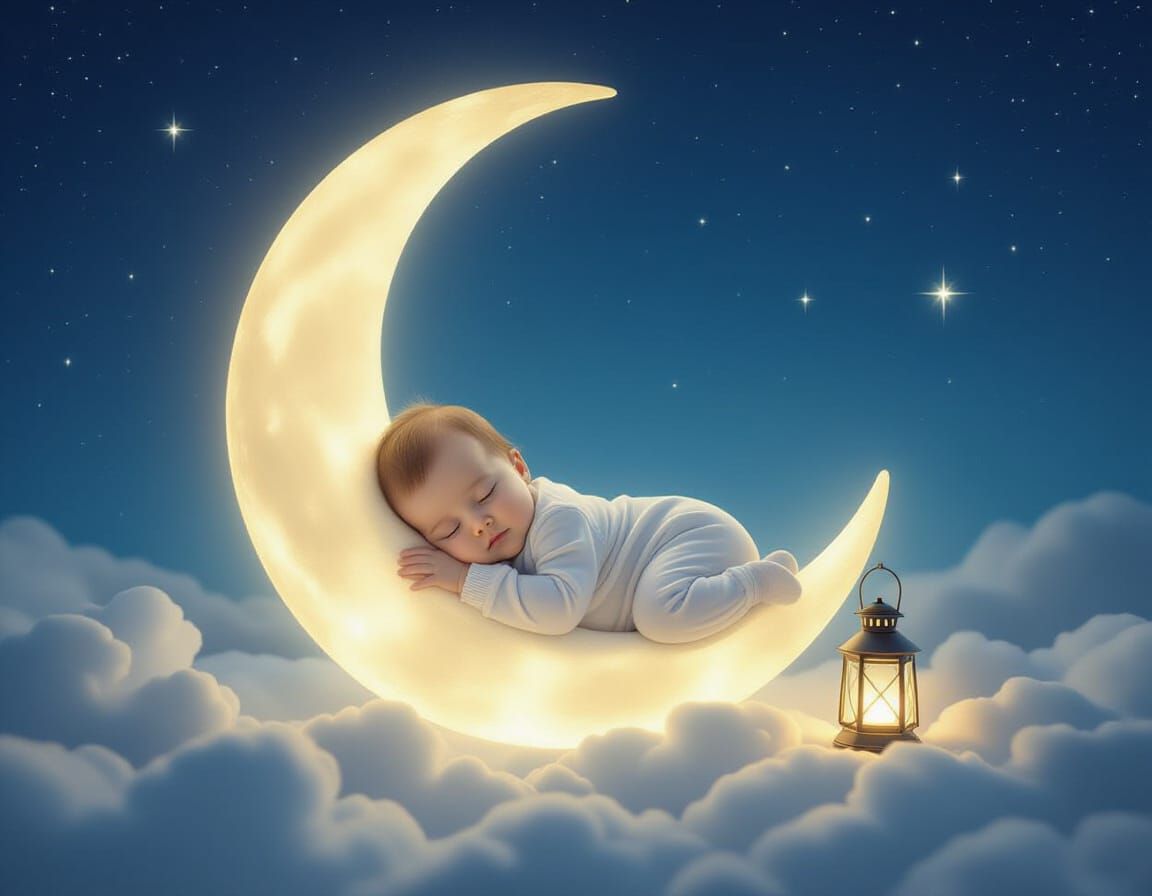 Newborn Baby Asleep on Crescent Moon in Dreamy Sky