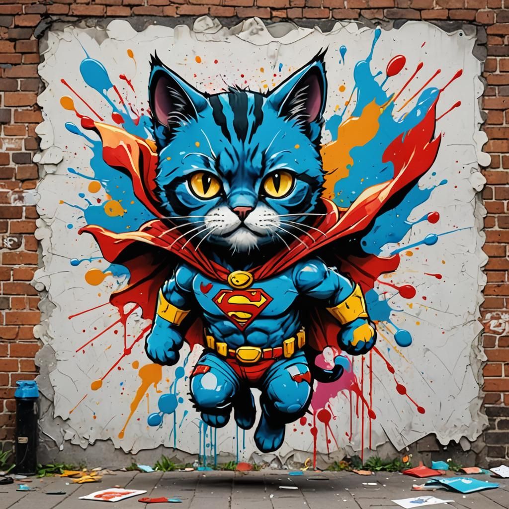 Superhero Cat Soaring Through Graffiti Art Cityscape