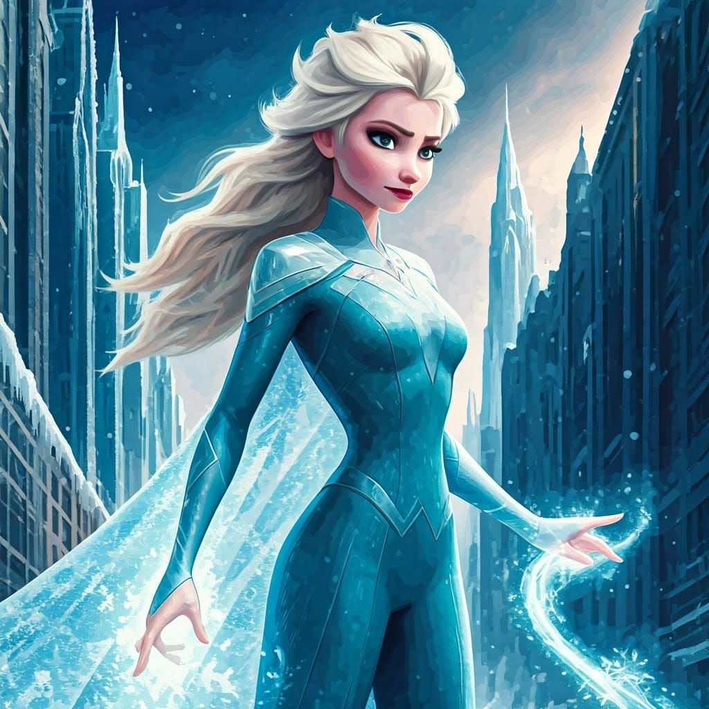 Ice Queen Superhero in Frozen Cityscape