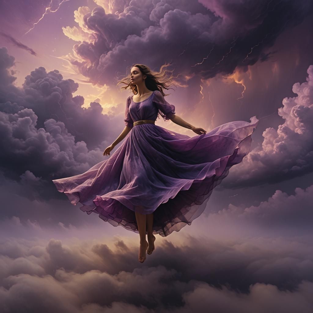 Woman Dancing on Clouds in Beksiński Style