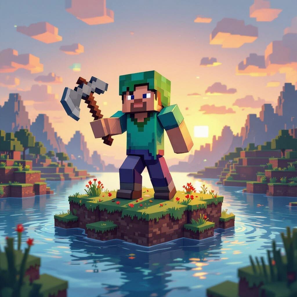 Minecraft Adventurer on Blocky Island with Pixel Art Style