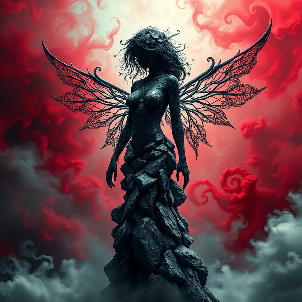 Stunning Rock Angel in Dark, Futuristic Landscape