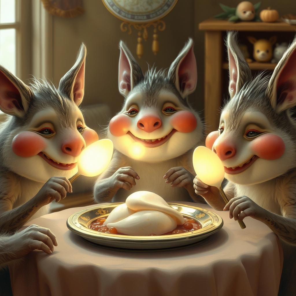 Whimsical Creatures Dine in Cozy Pastel Setting
