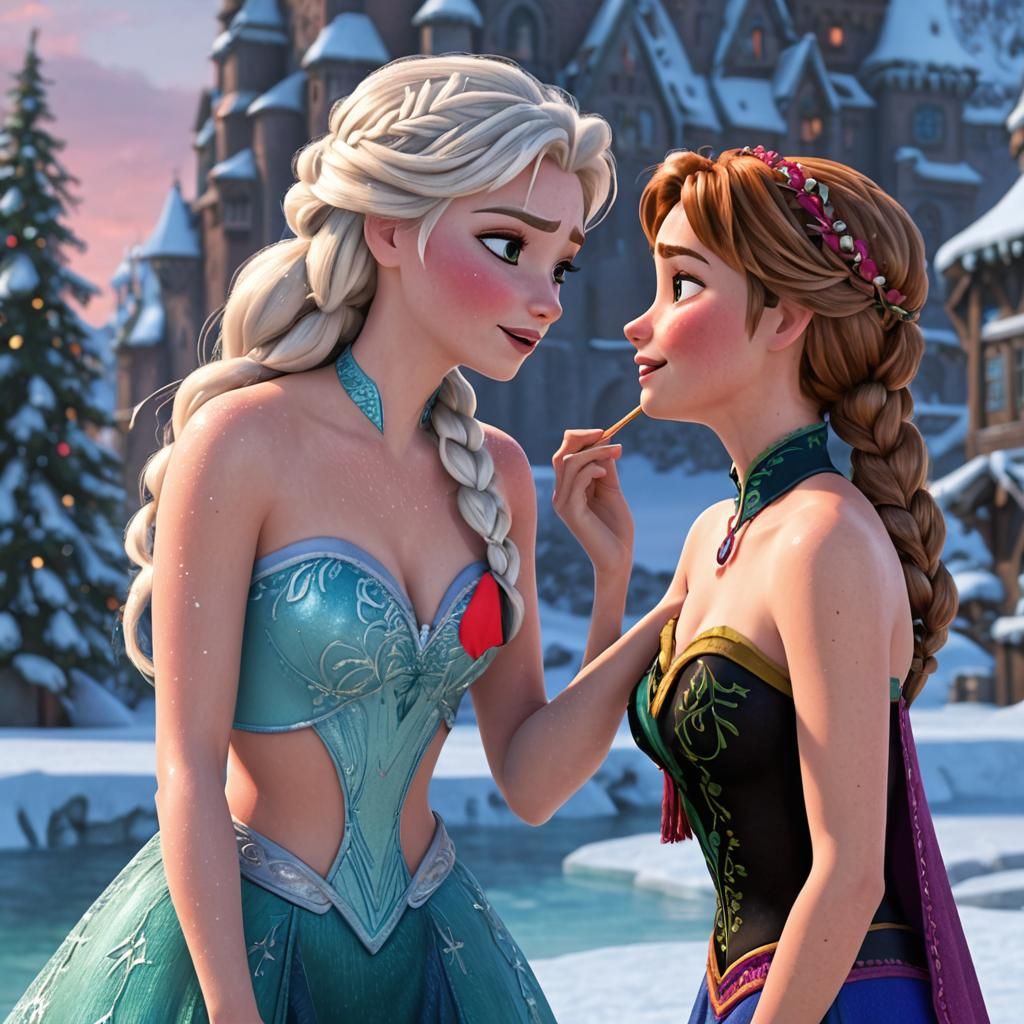 Elsa and Anna Kissing in Bikinis