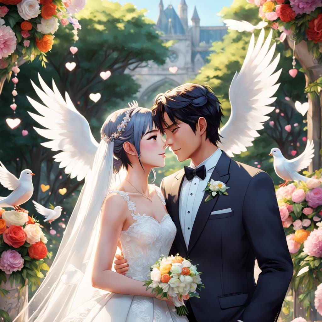 Joyful Dove Wedding in Whimsical Anime Style