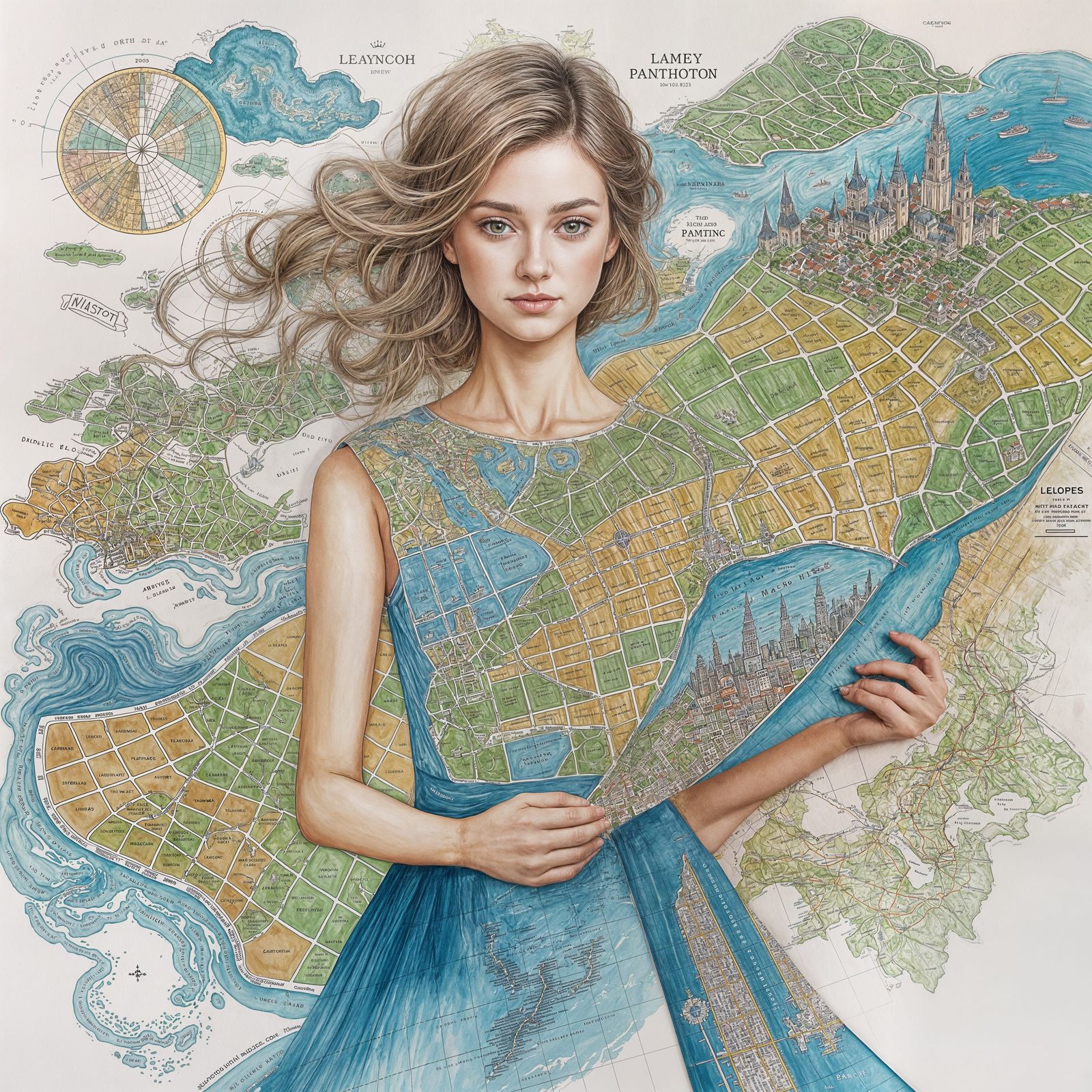 Woman Body Painted with a Colorful Map