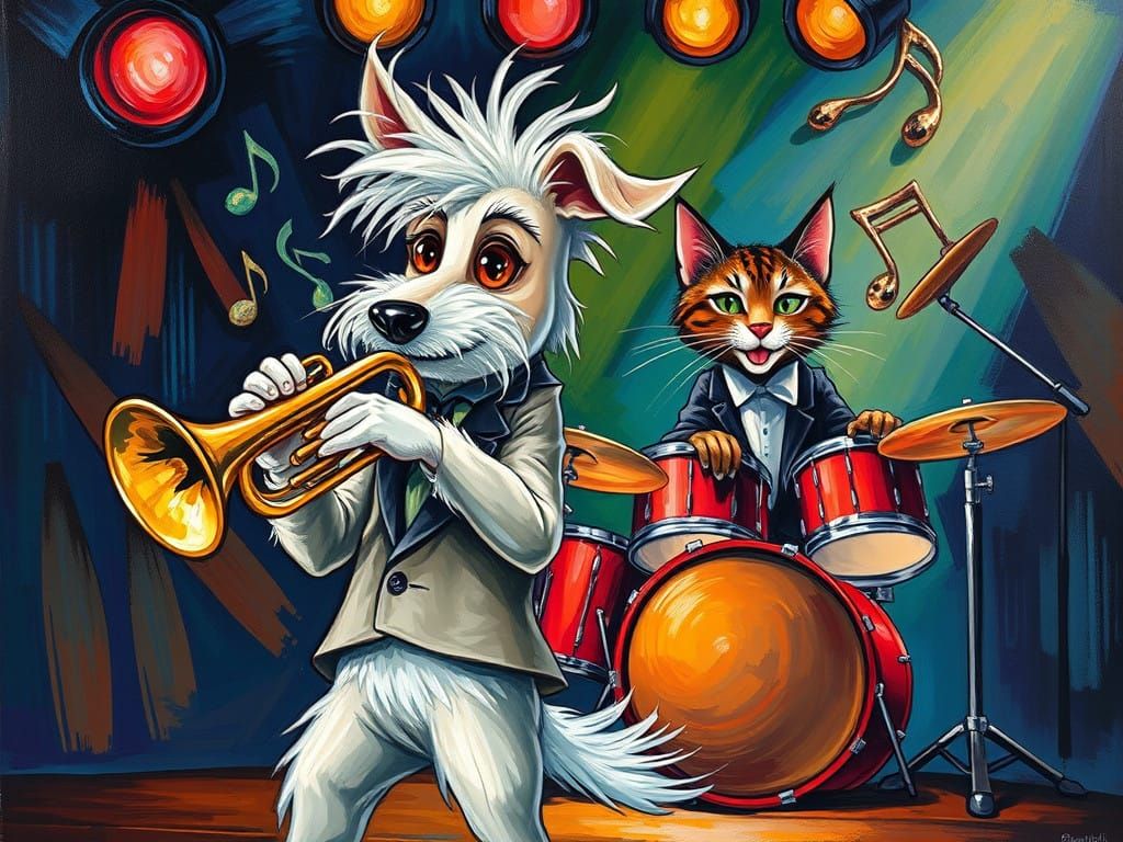 Expressive Oil Painting of Confident Dog Blowing Trumpet on...