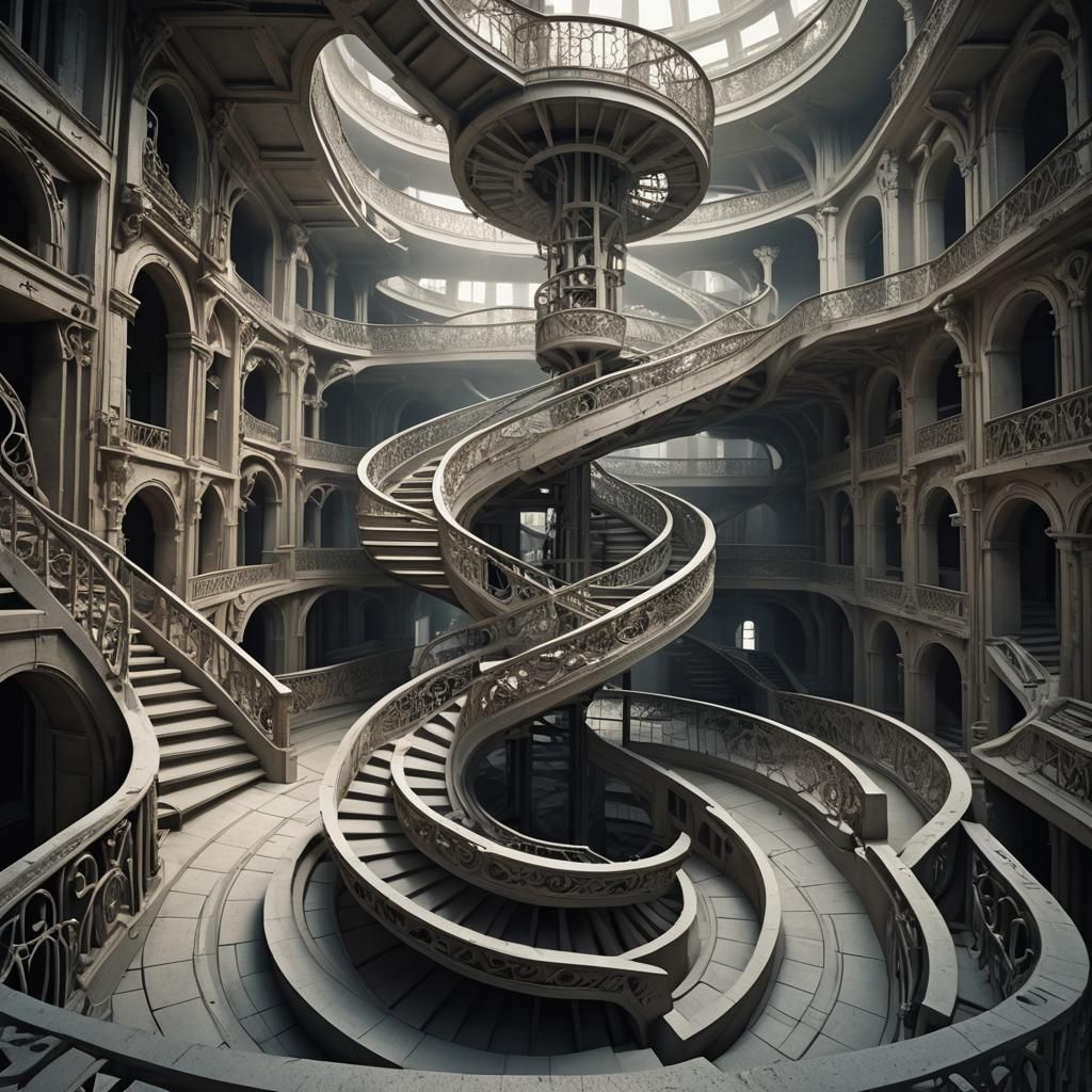 Surreal 3D Architecture: Spiraling Staircase in Abandoned Sp...