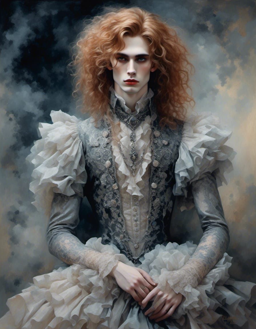 Goth Man in Ruffled Gown, Pastel Watercolor