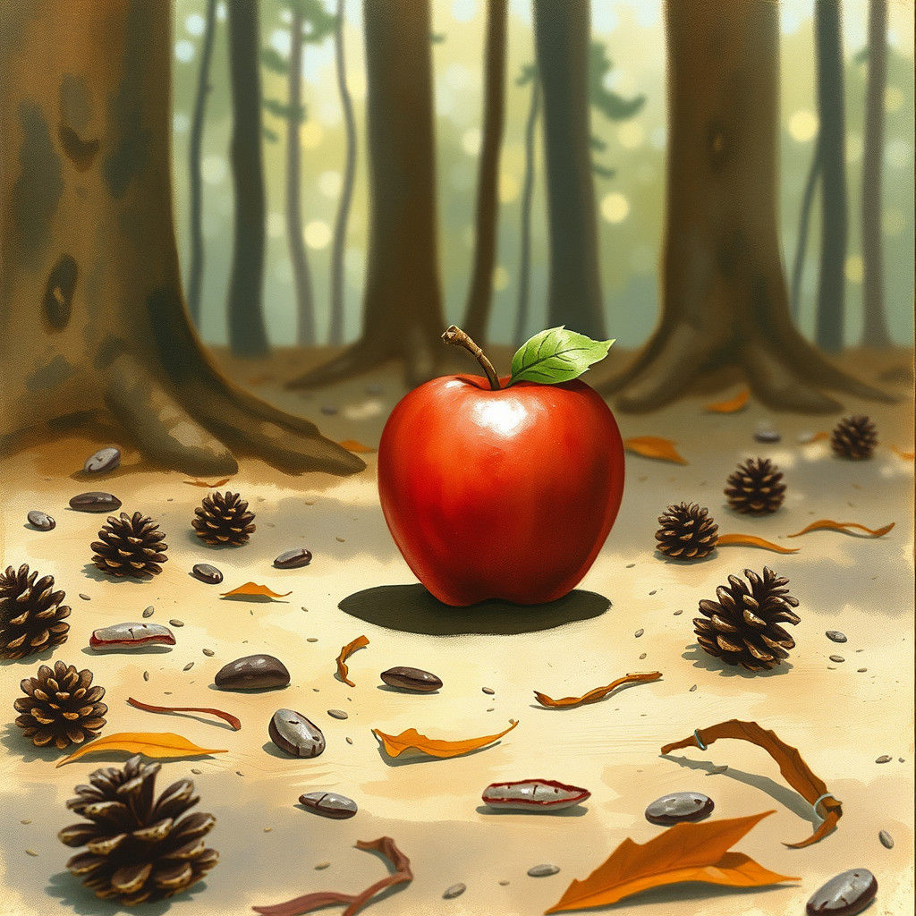 Whimsical Apple Rolling Through Forest Floor