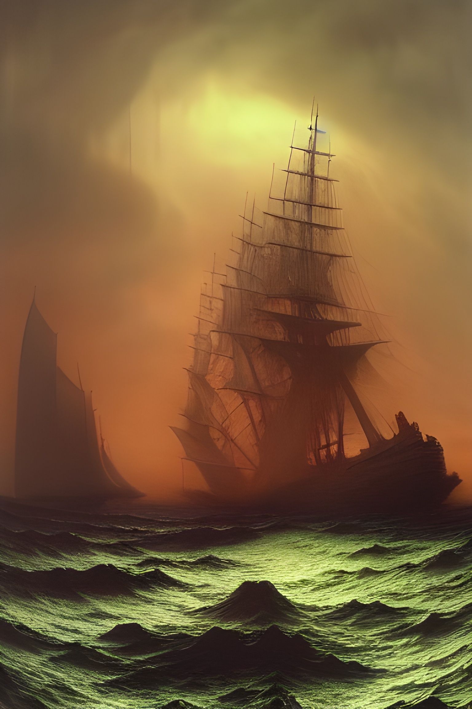 Ghost Ship on Haunted Seas: Detailed Matte Painting