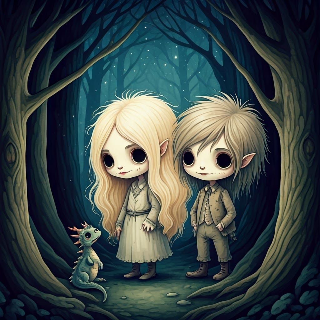 Whimsical Vintage Monsters Amidst a Haunting Midnight Forest