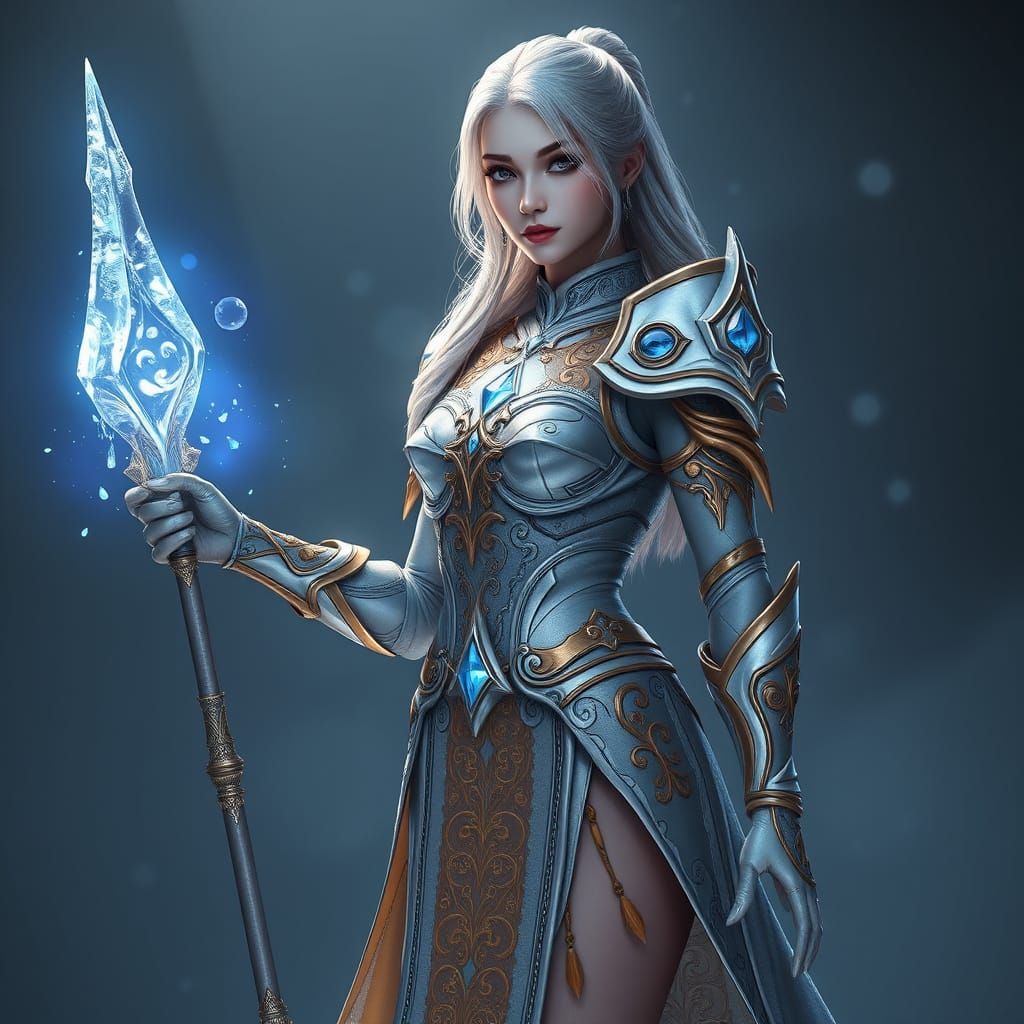 Hyperrealistic Frost Mage in Silver Armor