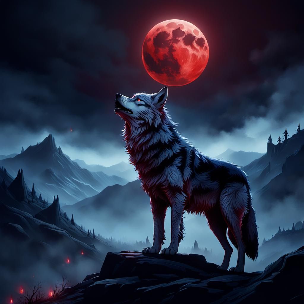 Gothic Wolf Howls Under Blood Moon