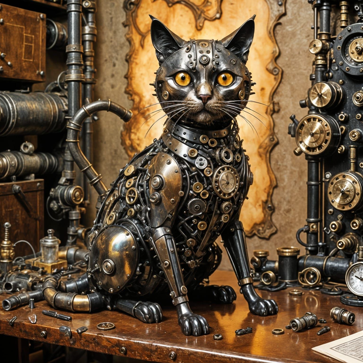 Steampunk Clockwork Cat in Opulent Study