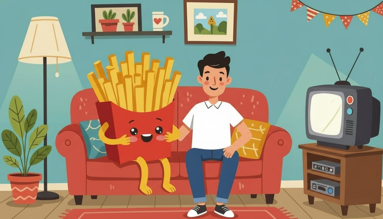 Whimsical Cartoon: Human and Fries Watch TV