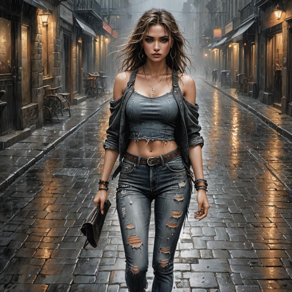 Rainy Night Cobblestone Street Scene in Charcoal Style