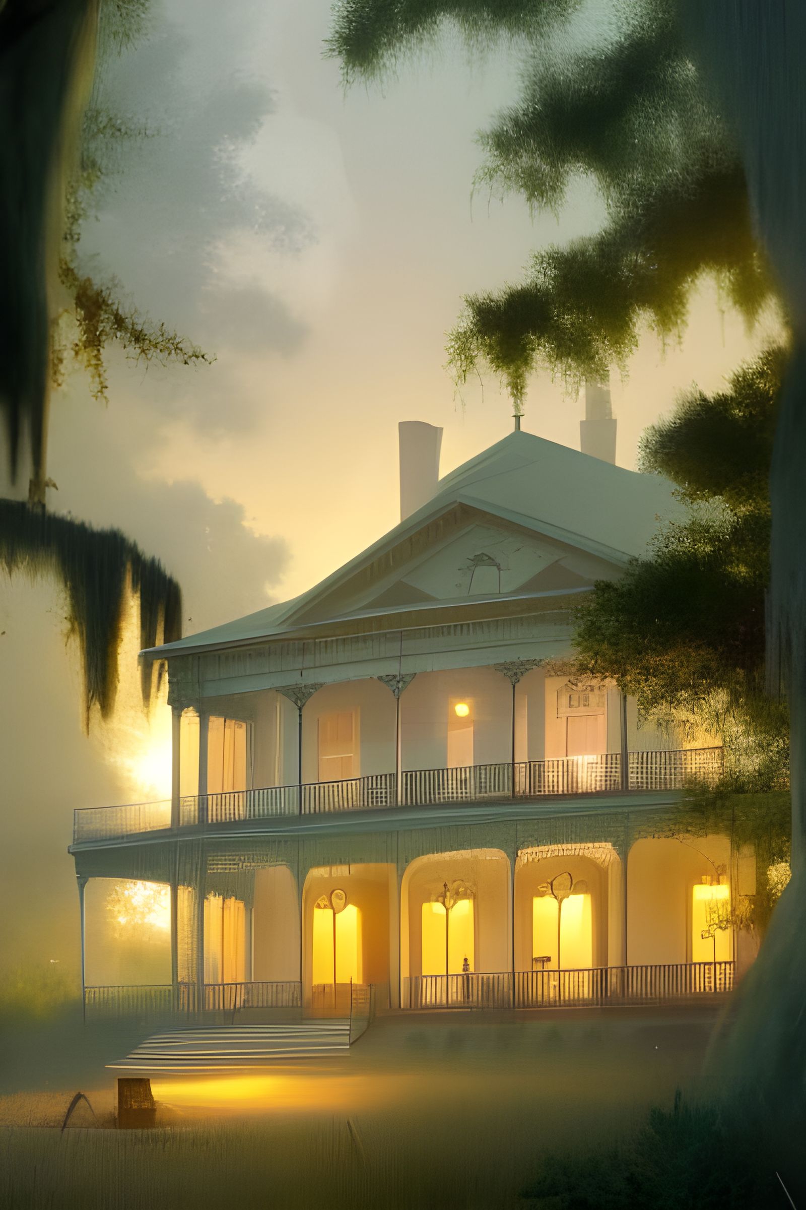 Mississippi Mansion with Fireflies: Digital Illustration