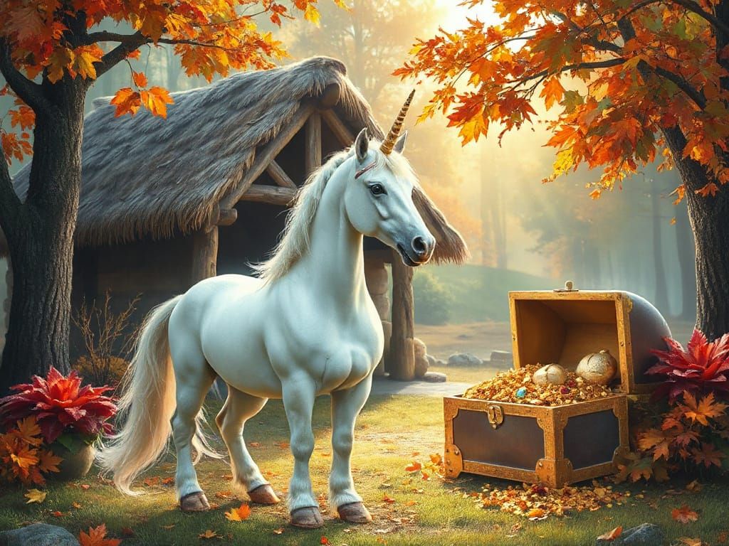 Ethereal Unicorn Guarding Treasure in Autumn Landscape