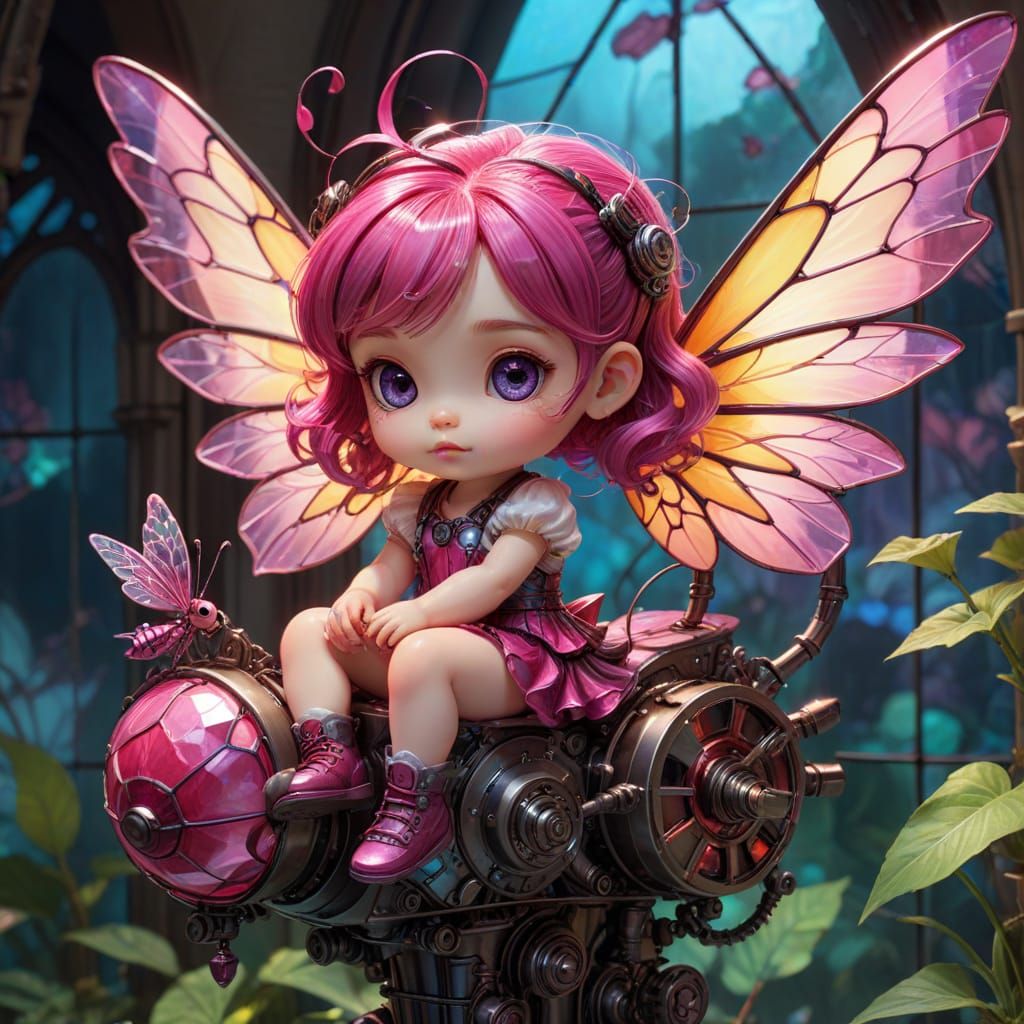 Chibi Baby Girl on Mechanical Dragonfly Storybook Art