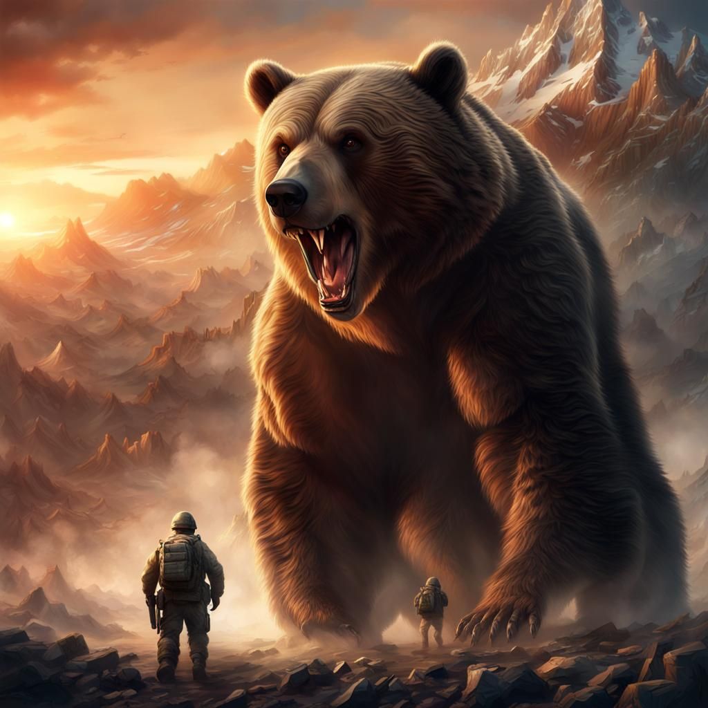 Giant Bear About to Attack Soldier at Sunset