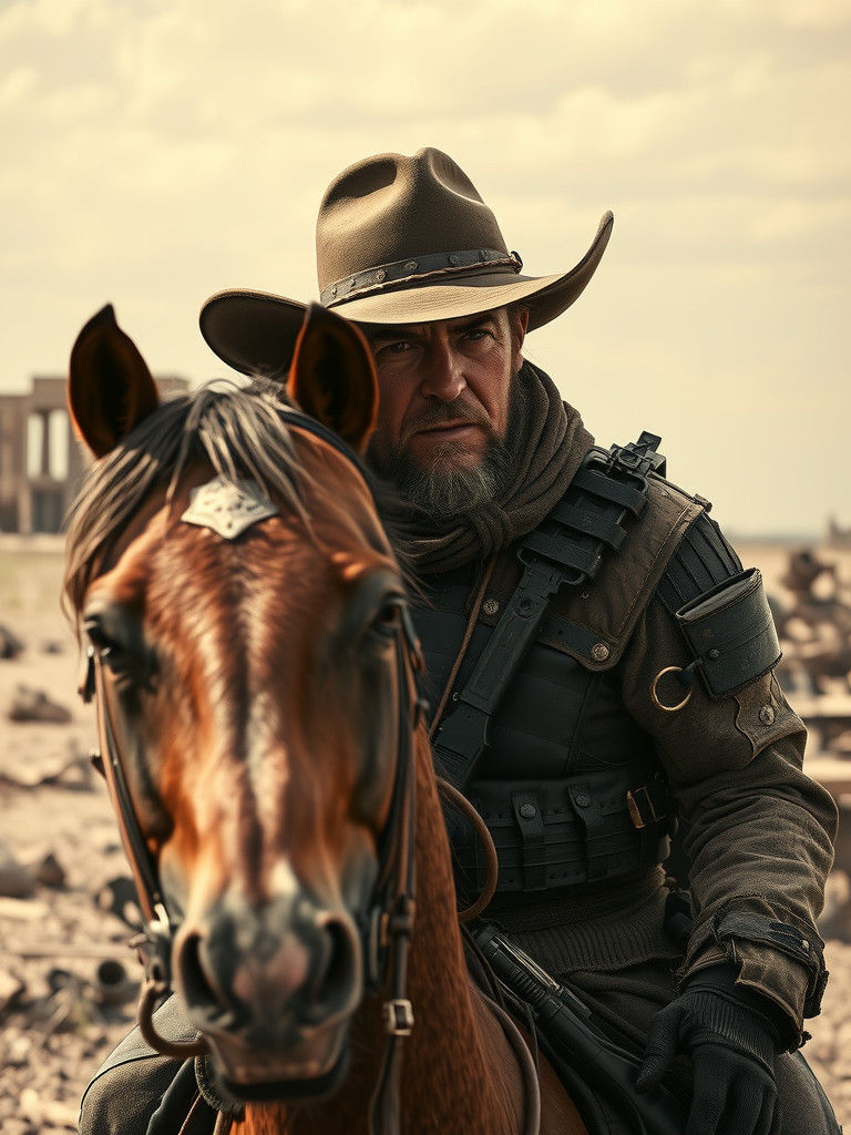 Post-Apocalyptic Cowboy Rides Through Ruined Landscape