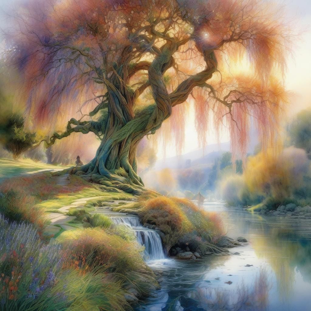 Dramatic Willow Tree Watercolor Painting