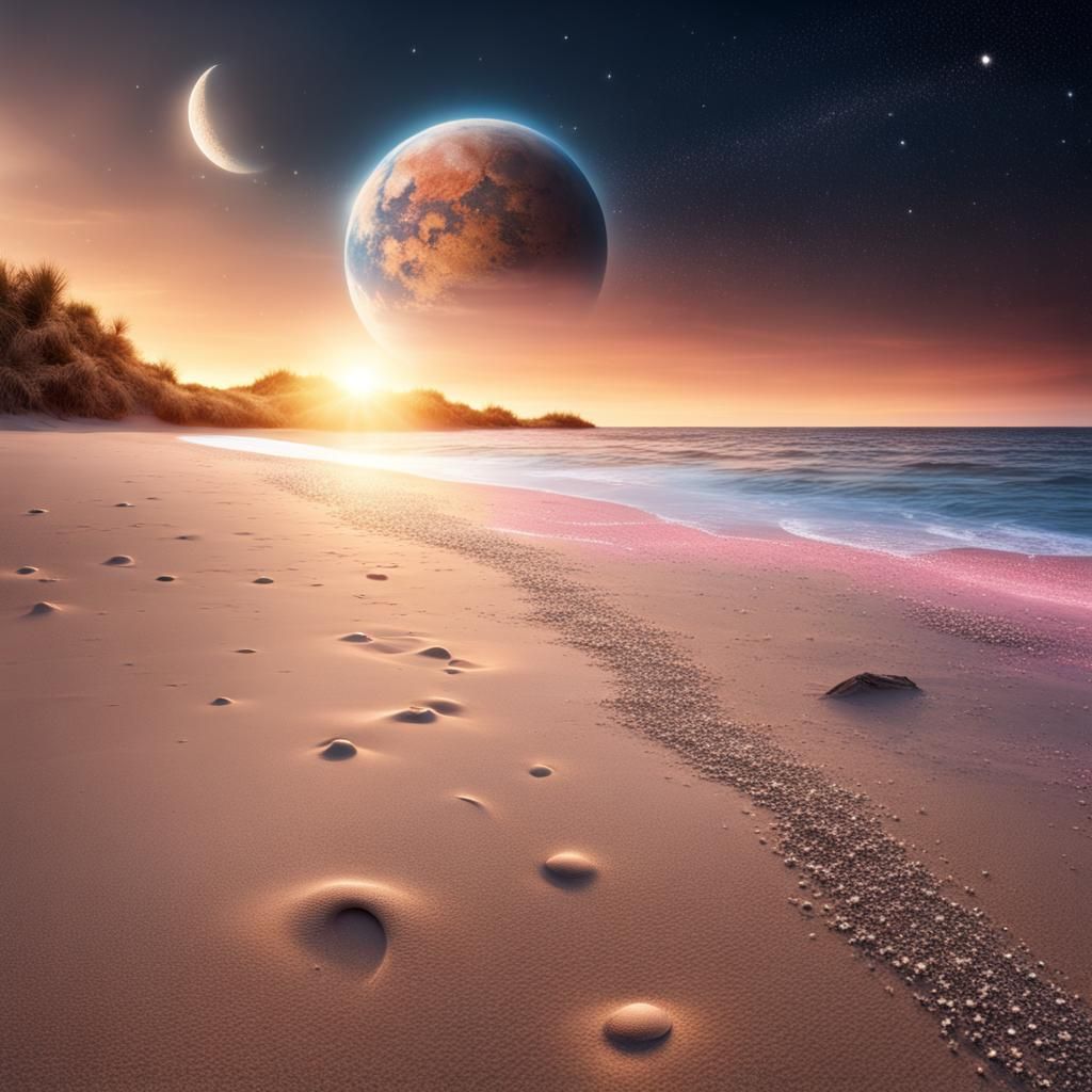 Sci-Fi Sunset Beach with Crystalline Sand