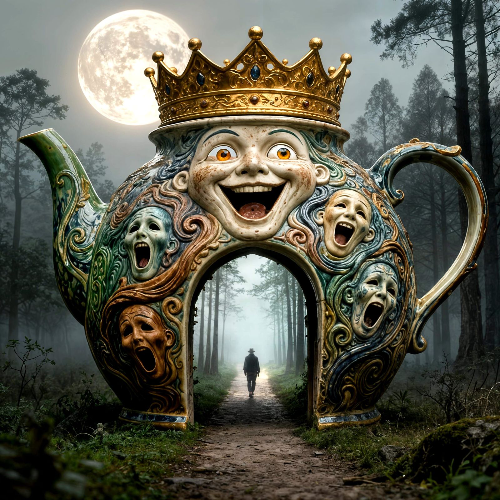 Giant Crowned Teapot with Screaming Faces in Fantasy City