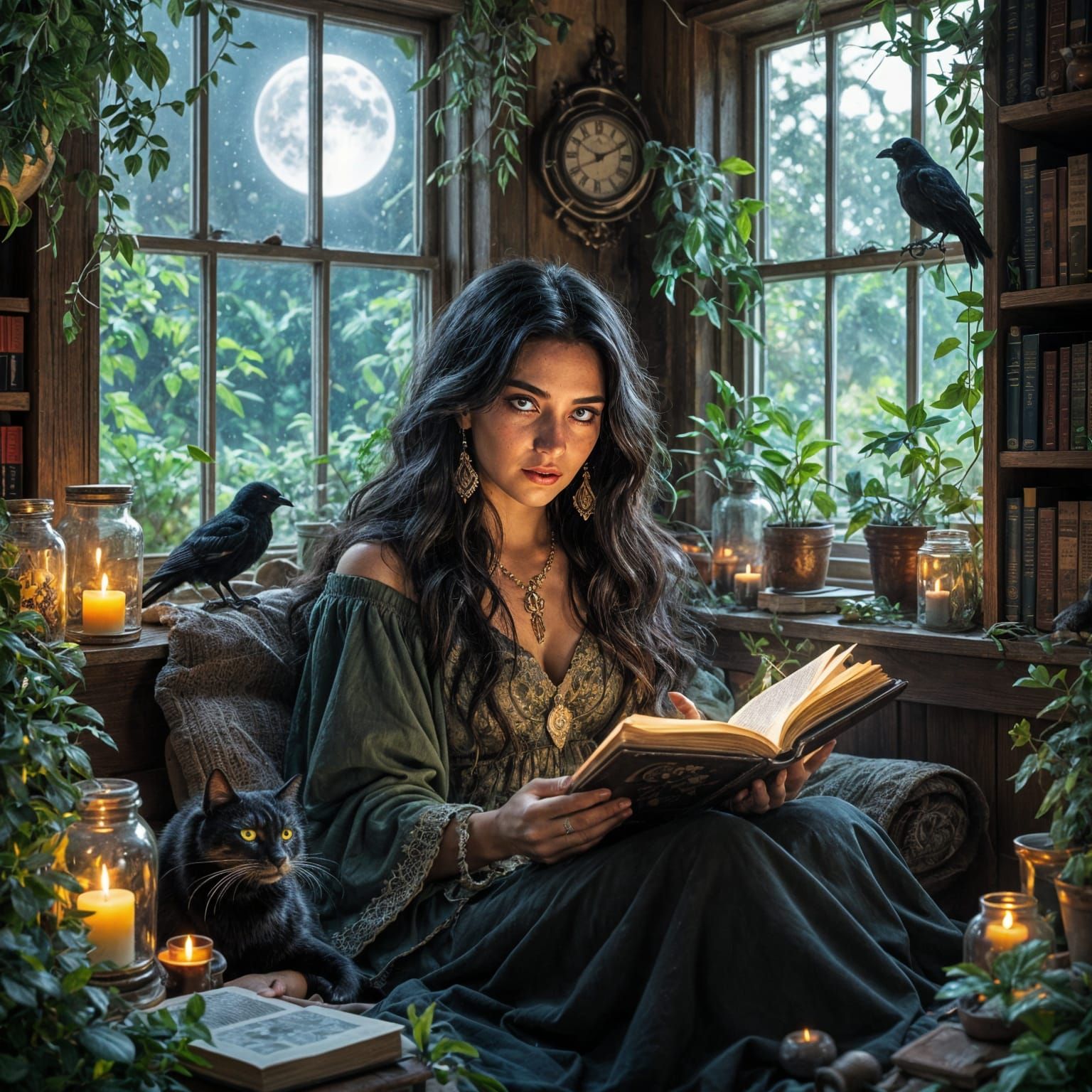 Shamanic Witch with Cat and Grimoire