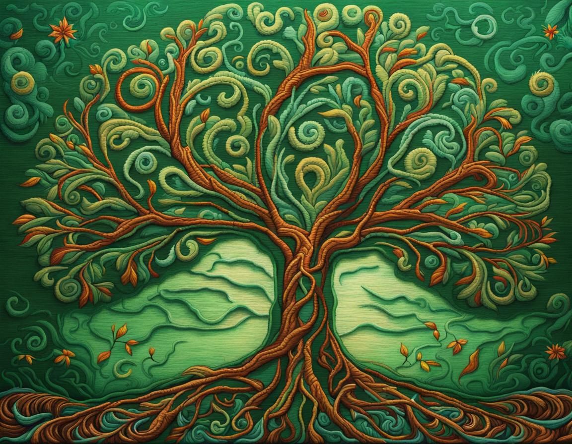 Tree of Life Embroidery in Picasso Graffiti Art Style