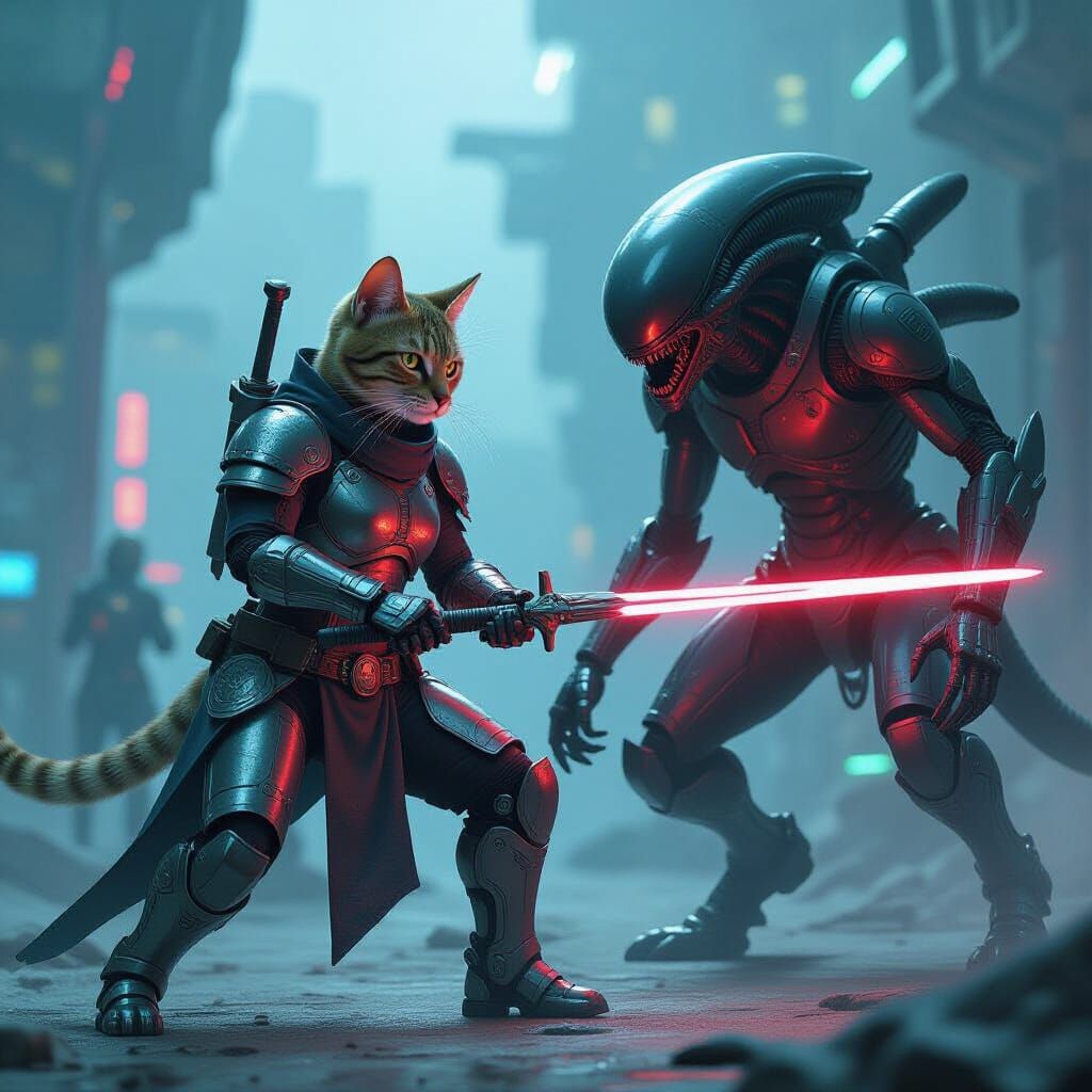 Cyborg Cat Warrior Battles Alien in Sci-Fi Setting