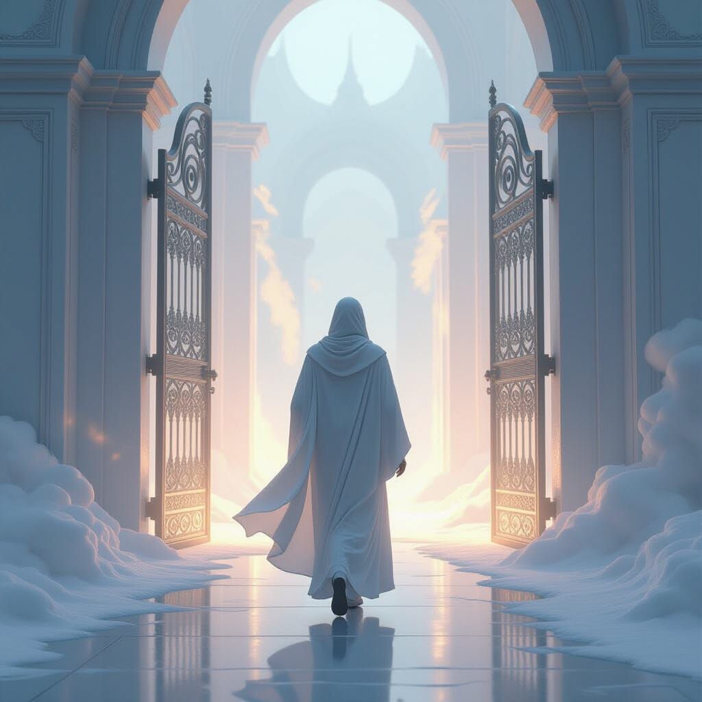 Ethereal Figure Approaching Shimmering Gates in Dreamy Digit...