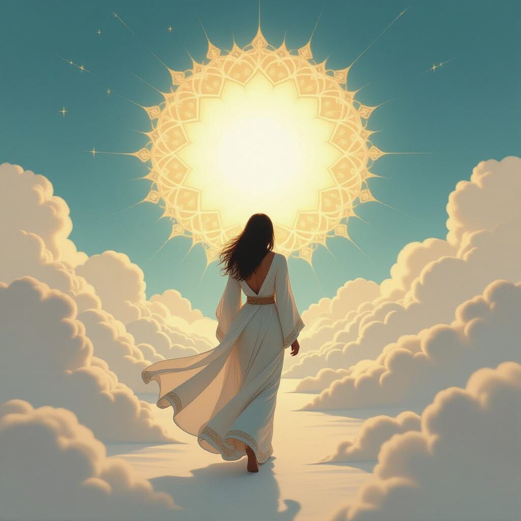 Ethereal Figure Walking Towards Radiant Light