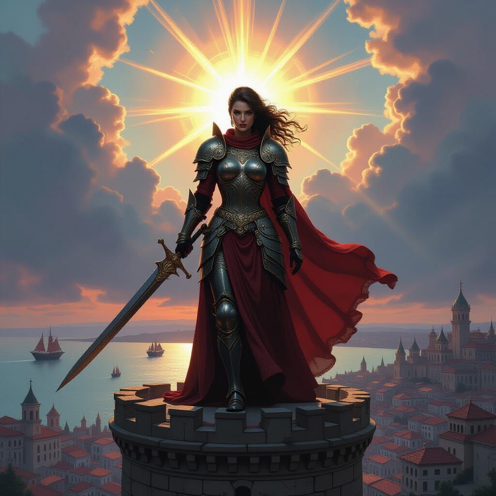 Warlord Oversees Fantasy Cityscape in Pre-Raphaelite Style