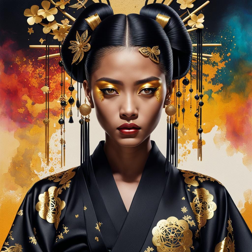 Dark Fantasy Model in Kimono, Hyperrealistic Splash Art