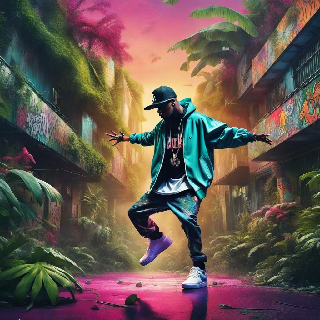 AI artwork that fuses hip-hop with elements of nature. Picture a hip-hop dancer performing in an urban environment, surr...