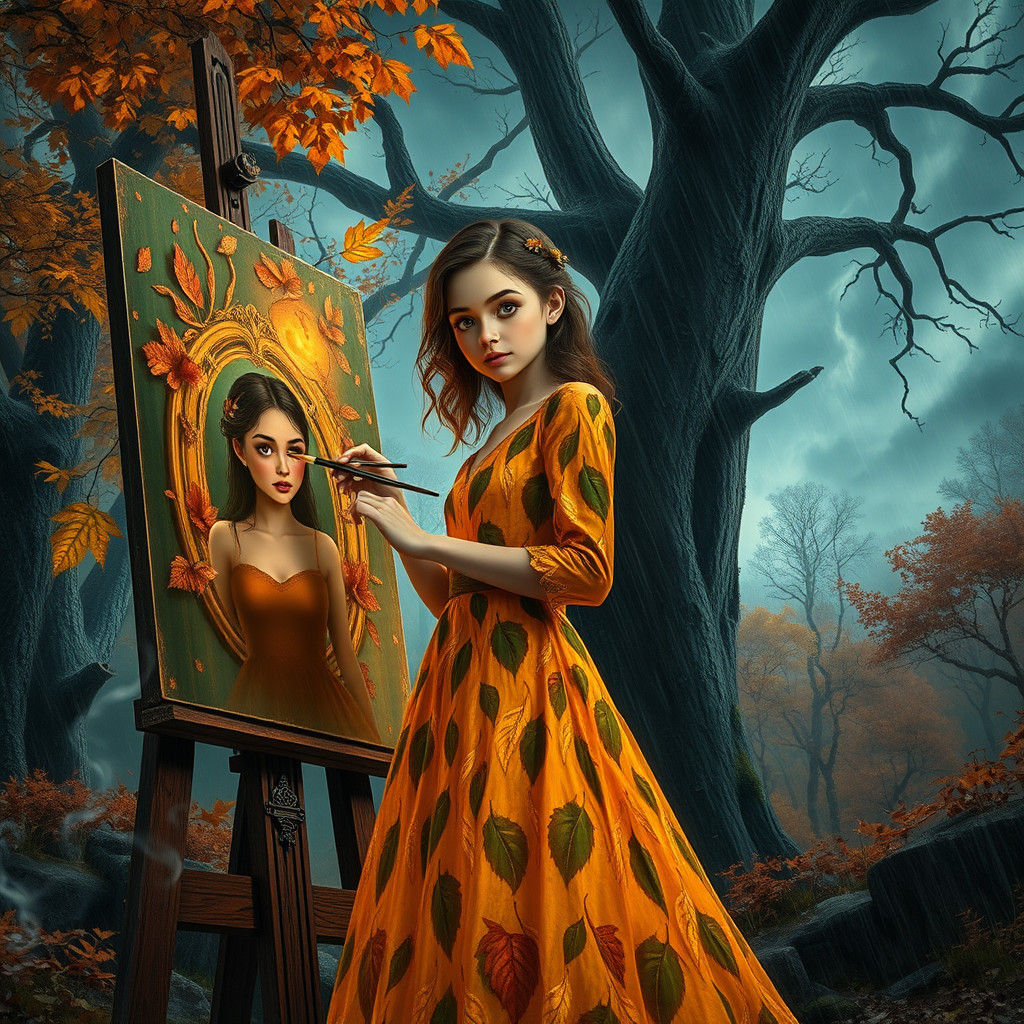 Woman Painting Autumn Forest in Fantasy Storm