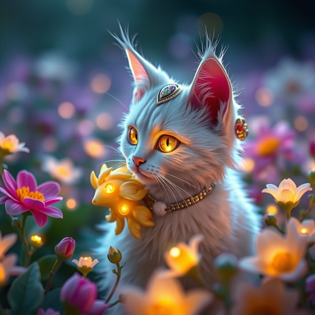 Winged Cat and Chocobo in Fluorescent Meadow