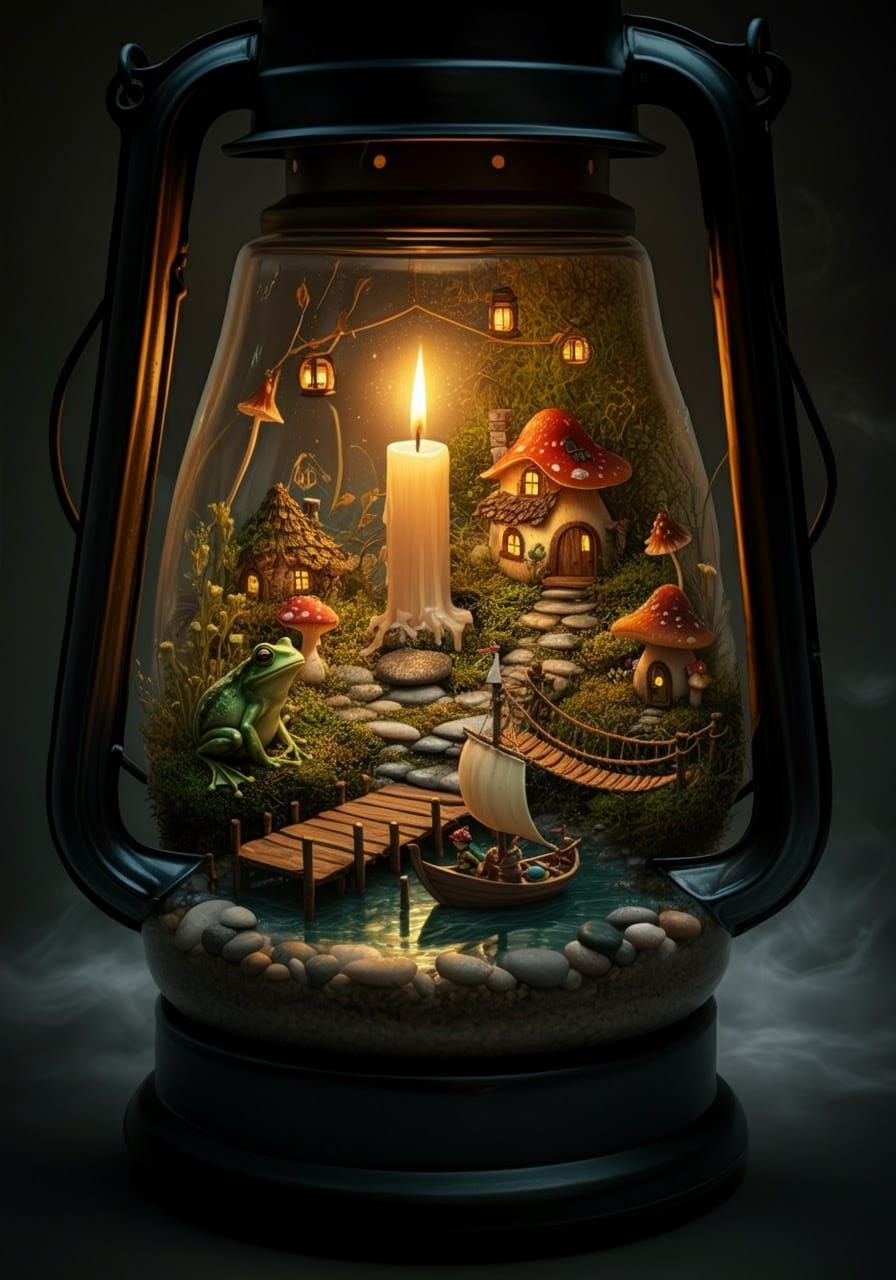 Miniature Harbor Town Inside Glass Lantern