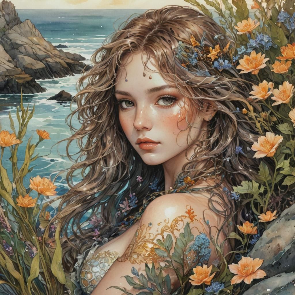 Purrmaid in Art Nouveau Watercolor Style