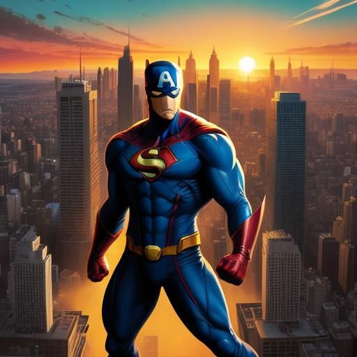 Sentry in Cityscape, Dynamic Comic Book Art